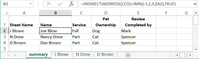 Adding the INDIRECT/ADDRESS formula to link to the key cells in the sheets