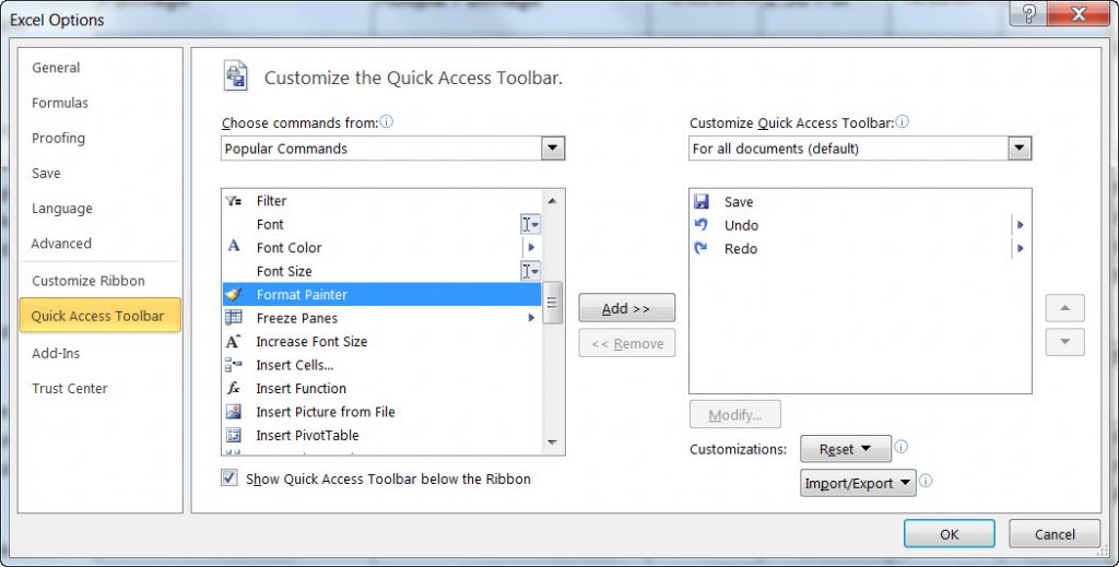Customize the Quick Access Toolbar - Popular Commands