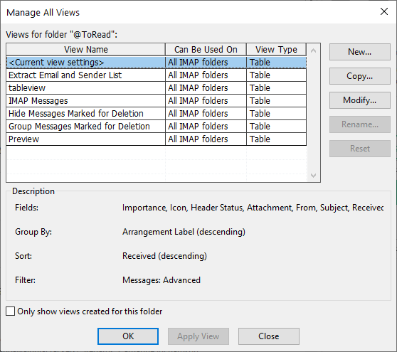 Outlook Manage All Views Dialog Box
