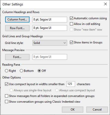 Outlook - Other Settings dialog